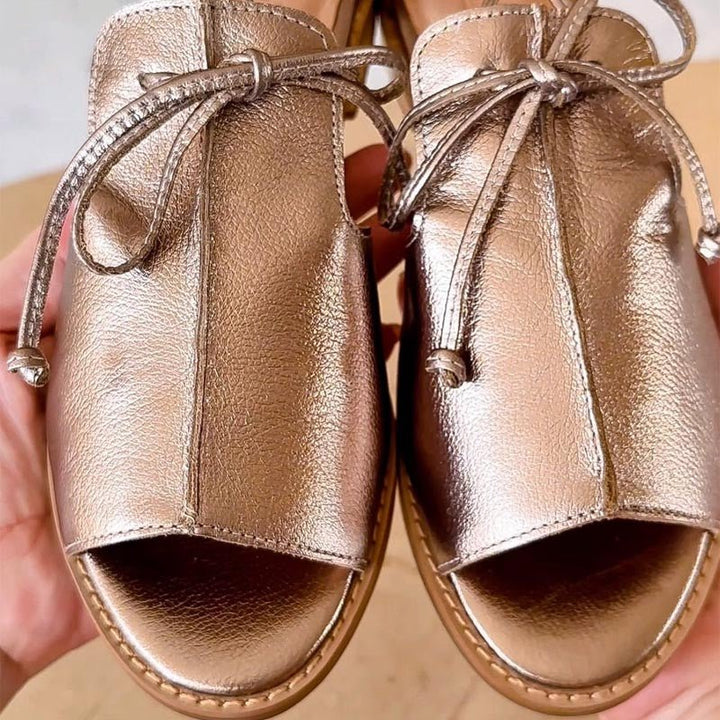 Dames Metallic Open-Teen Sandalen Strikbandje Plat