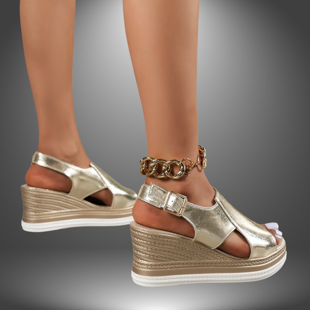 Dames Metallic Platform Sleehak Sandalen Gouden Ketting