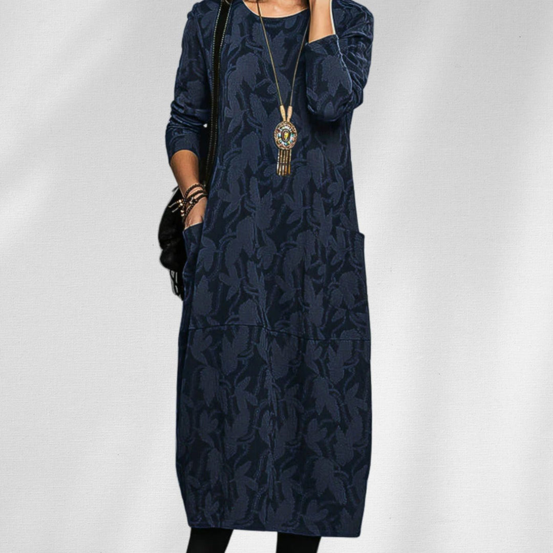 Dames Midi Jurk Lange Mouwen Warme Winterjurk Steekzakken - Blauw