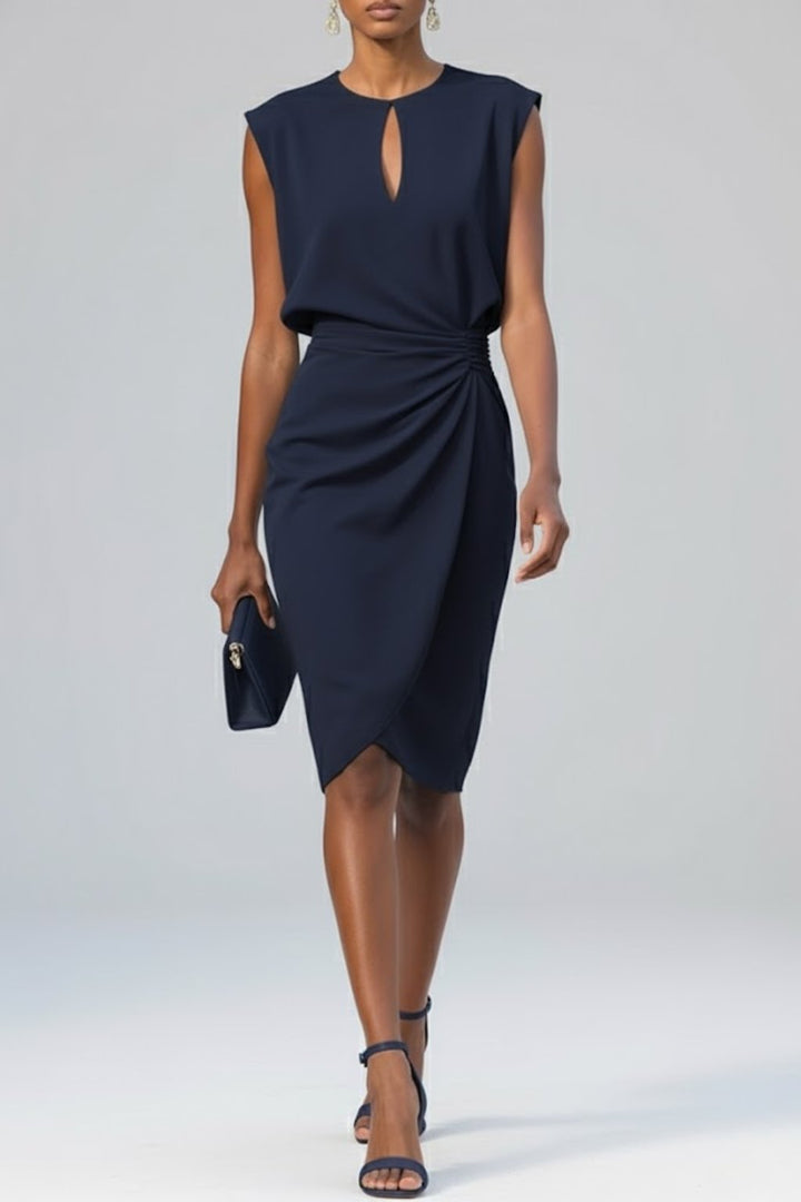 Dames Midi-Jurk Sleutelgat Hals Ruches Detail - Marineblauw