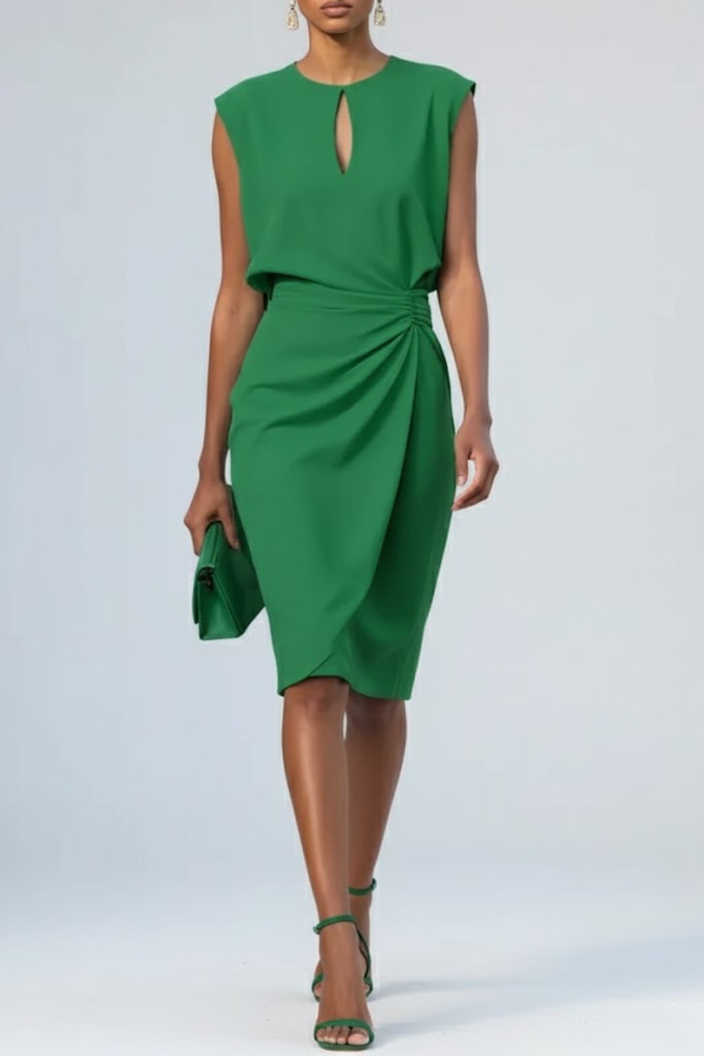 Dames Midi-Jurk Sleutelgat Hals Ruches Detail - Groen