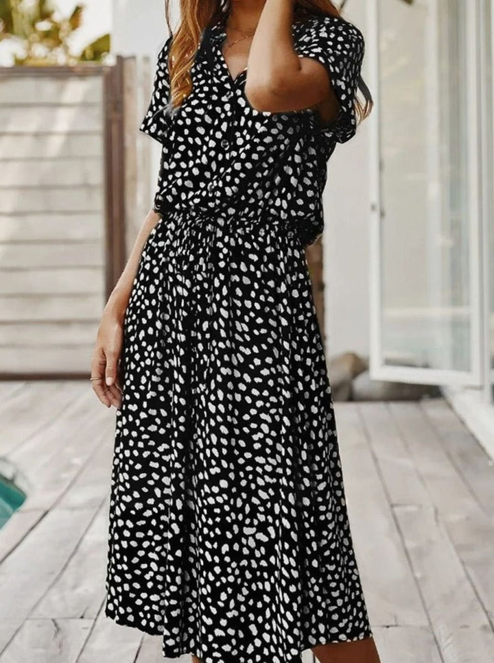 Dames Midi Jurk Stippenprint Verstelbare Taille Korte Mouw - Zwart