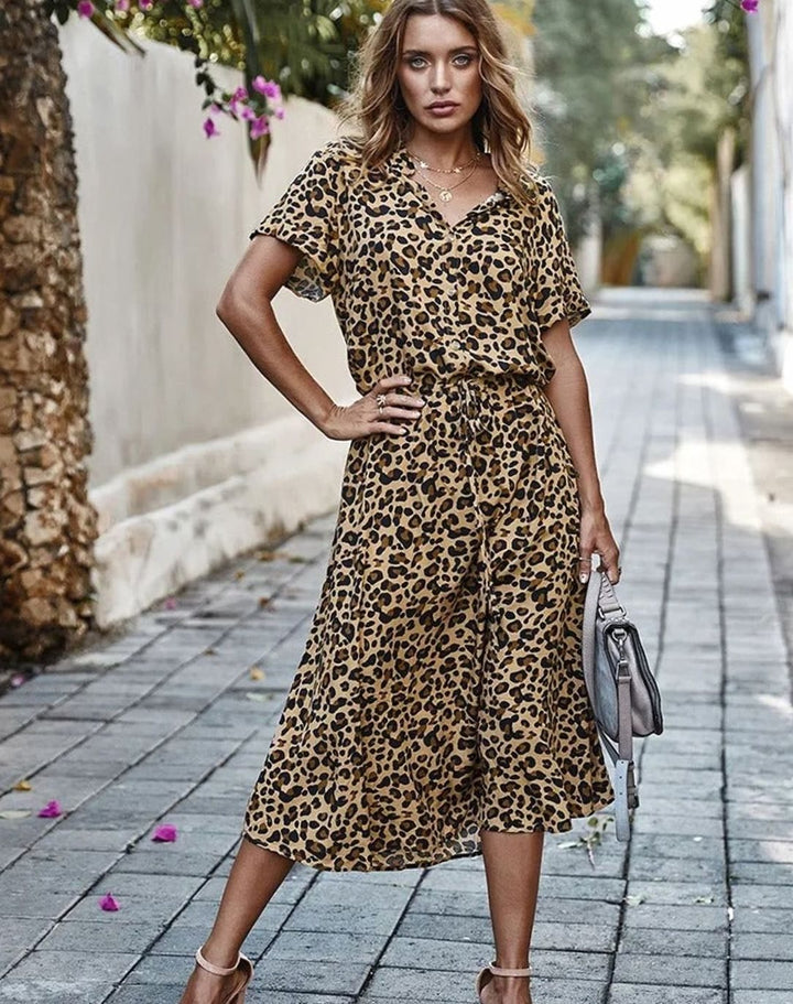 Dames Midi Jurk Stippenprint Verstelbare Taille Korte Mouw - Kaki