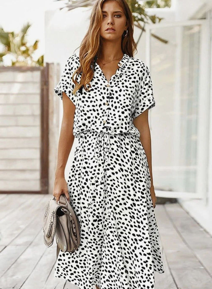 Dames Midi Jurk Stippenprint Verstelbare Taille Korte Mouw - Wit