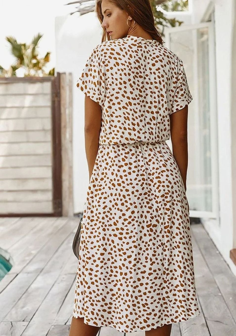Dames Midi Jurk Stippenprint Verstelbare Taille Korte Mouw