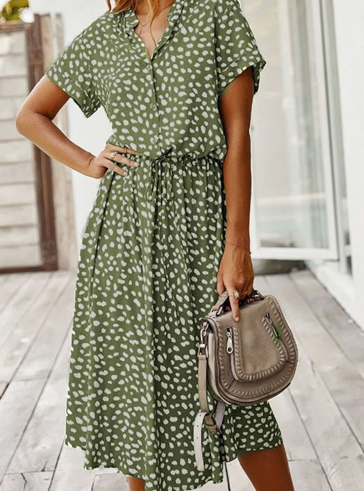 Dames Midi Jurk Stippenprint Verstelbare Taille Korte Mouw - Groen