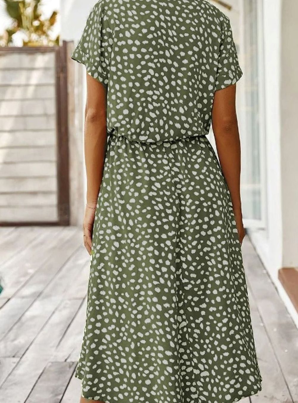 Dames Midi Jurk Stippenprint Verstelbare Taille Korte Mouw