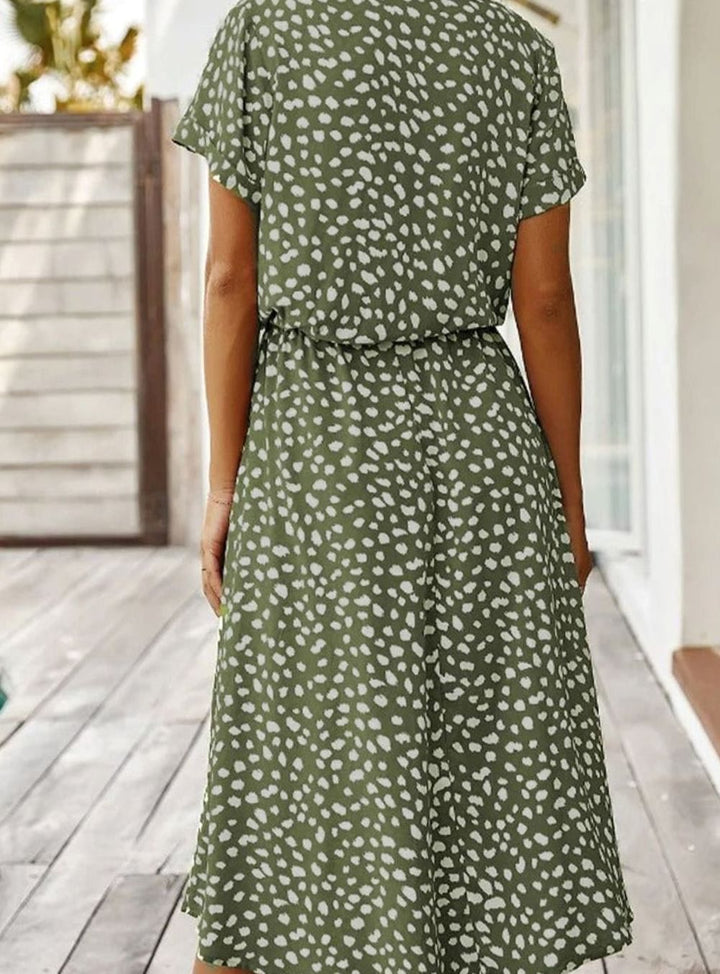 Dames Midi Jurk Stippenprint Verstelbare Taille Korte Mouw