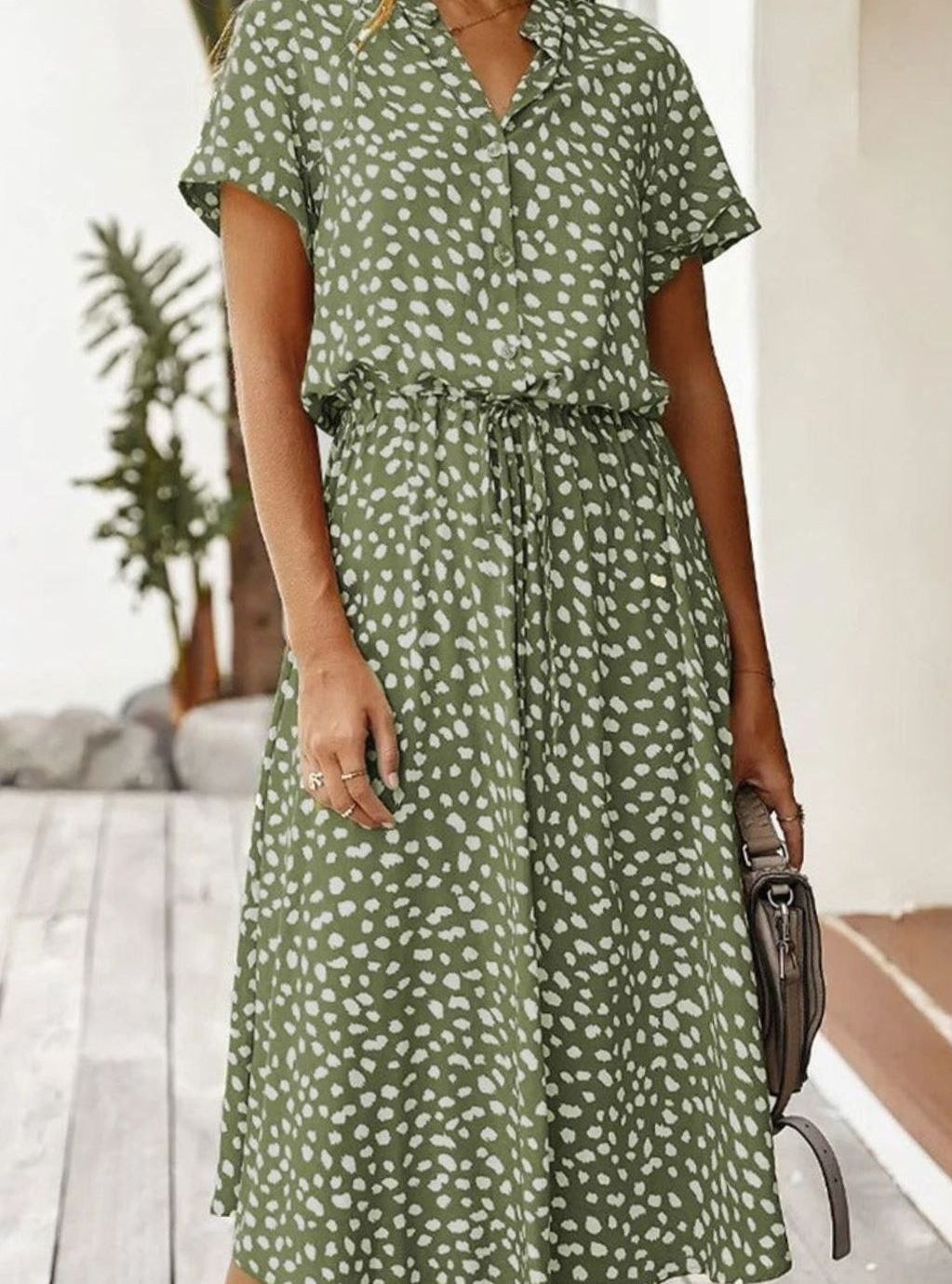 Dames Midi Jurk Stippenprint Verstelbare Taille Korte Mouw