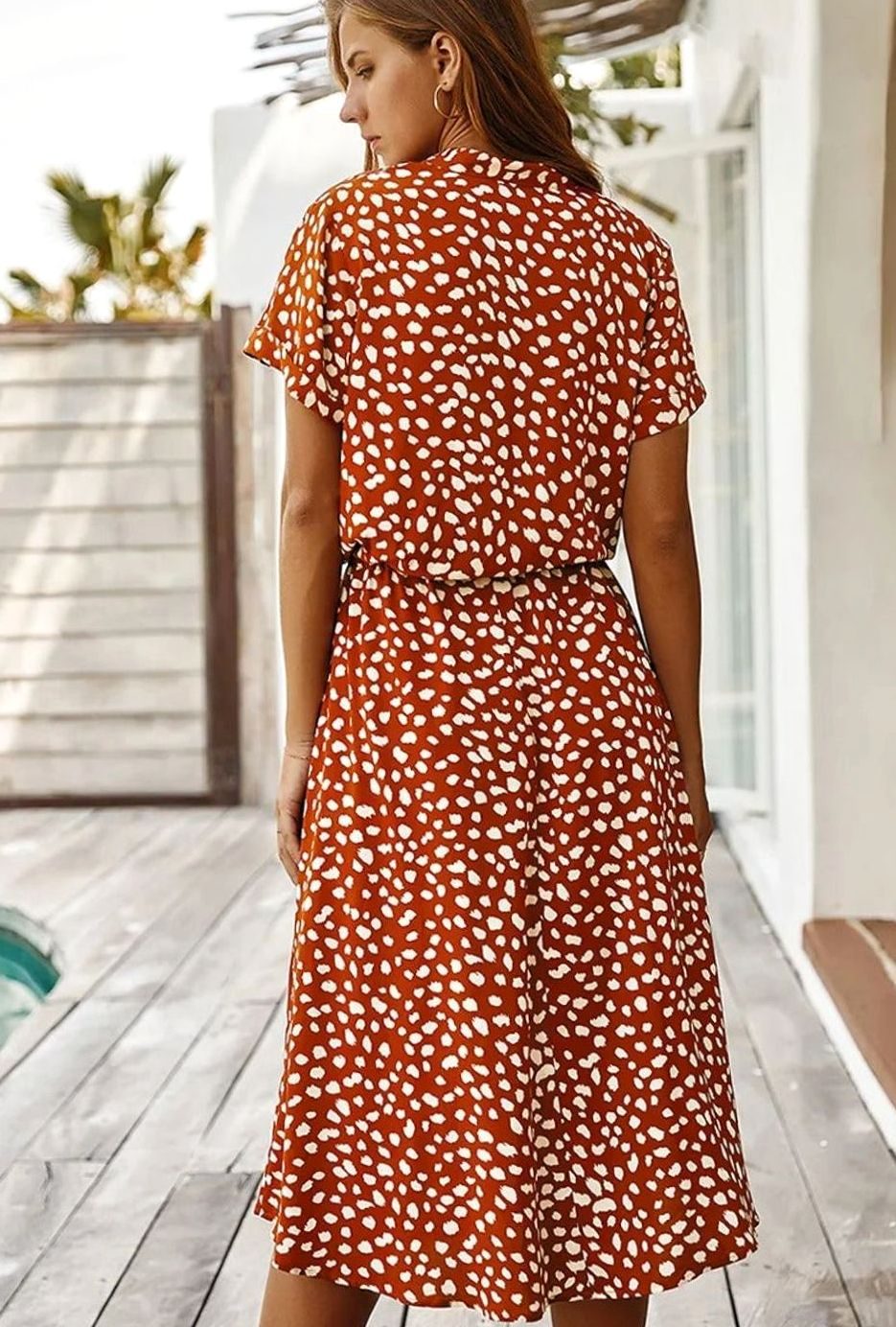 Dames Midi Jurk Stippenprint Verstelbare Taille Korte Mouw