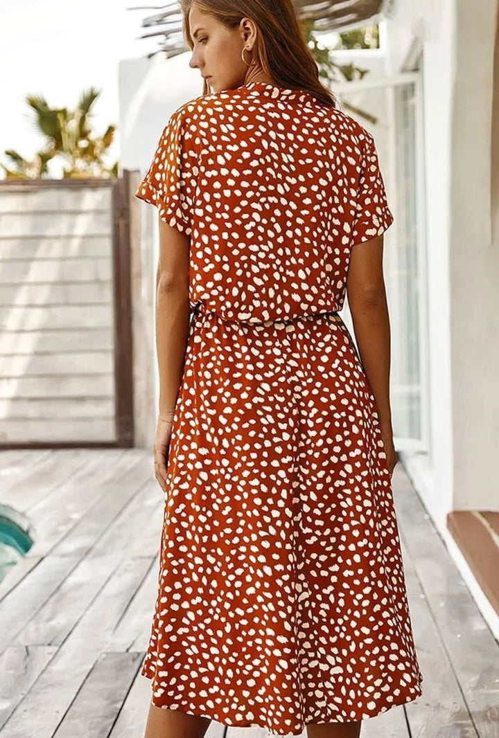 Dames Midi Jurk Stippenprint Verstelbare Taille Korte Mouw