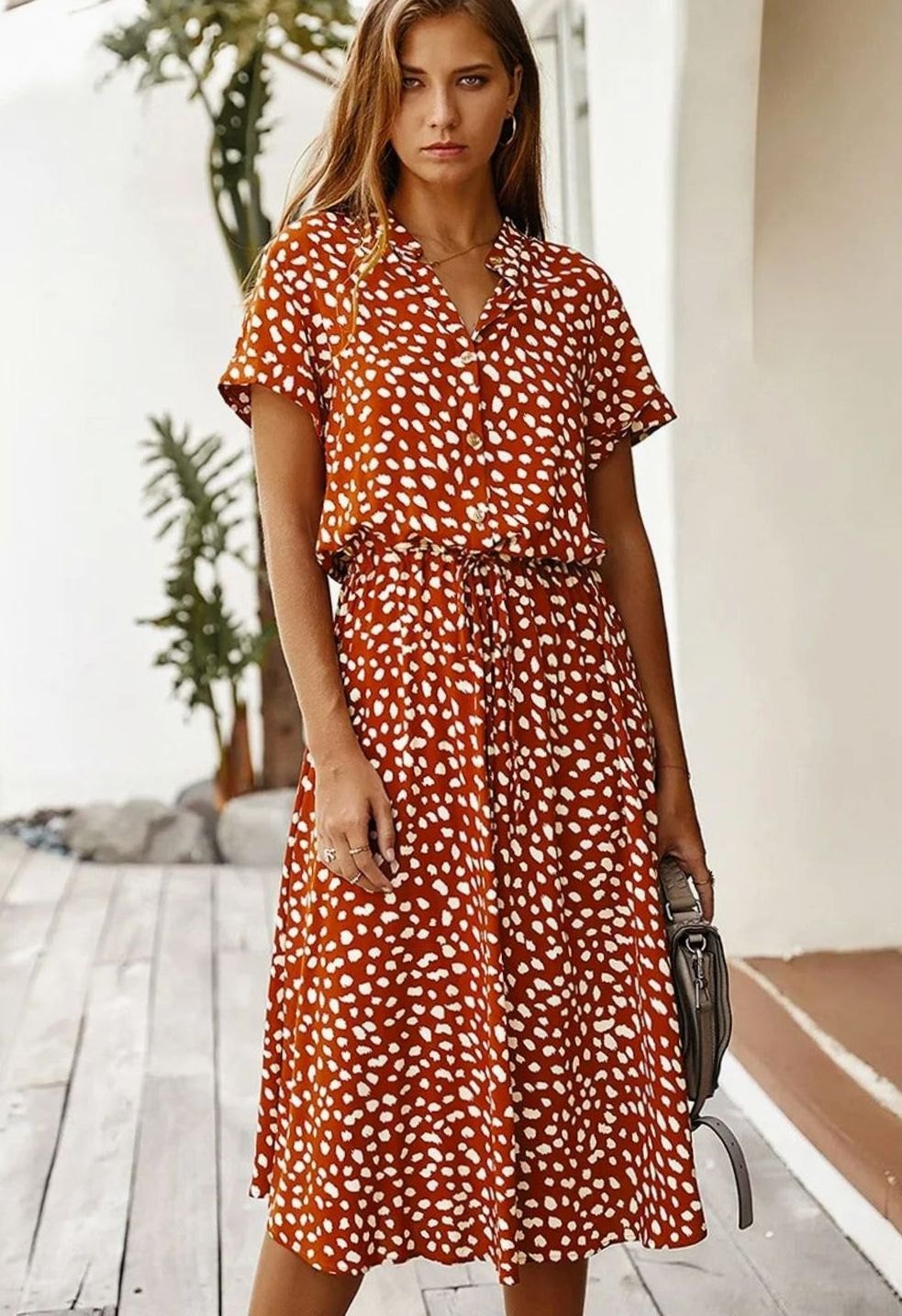 Dames Midi Jurk Stippenprint Verstelbare Taille Korte Mouw - Oranje