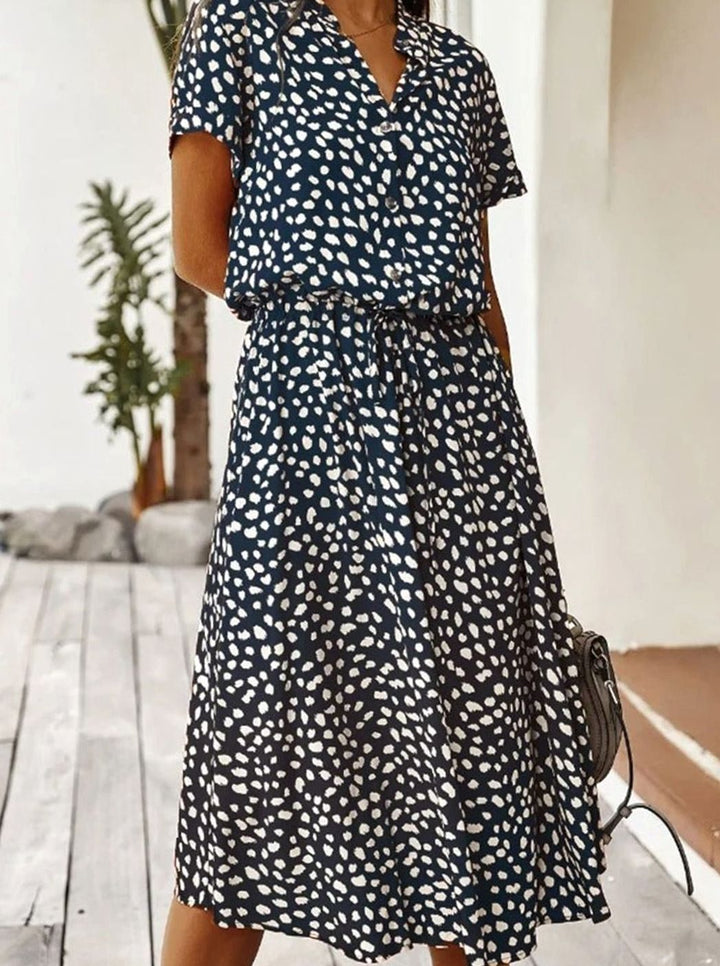 Dames Midi Jurk Stippenprint Verstelbare Taille Korte Mouw - Marineblauw