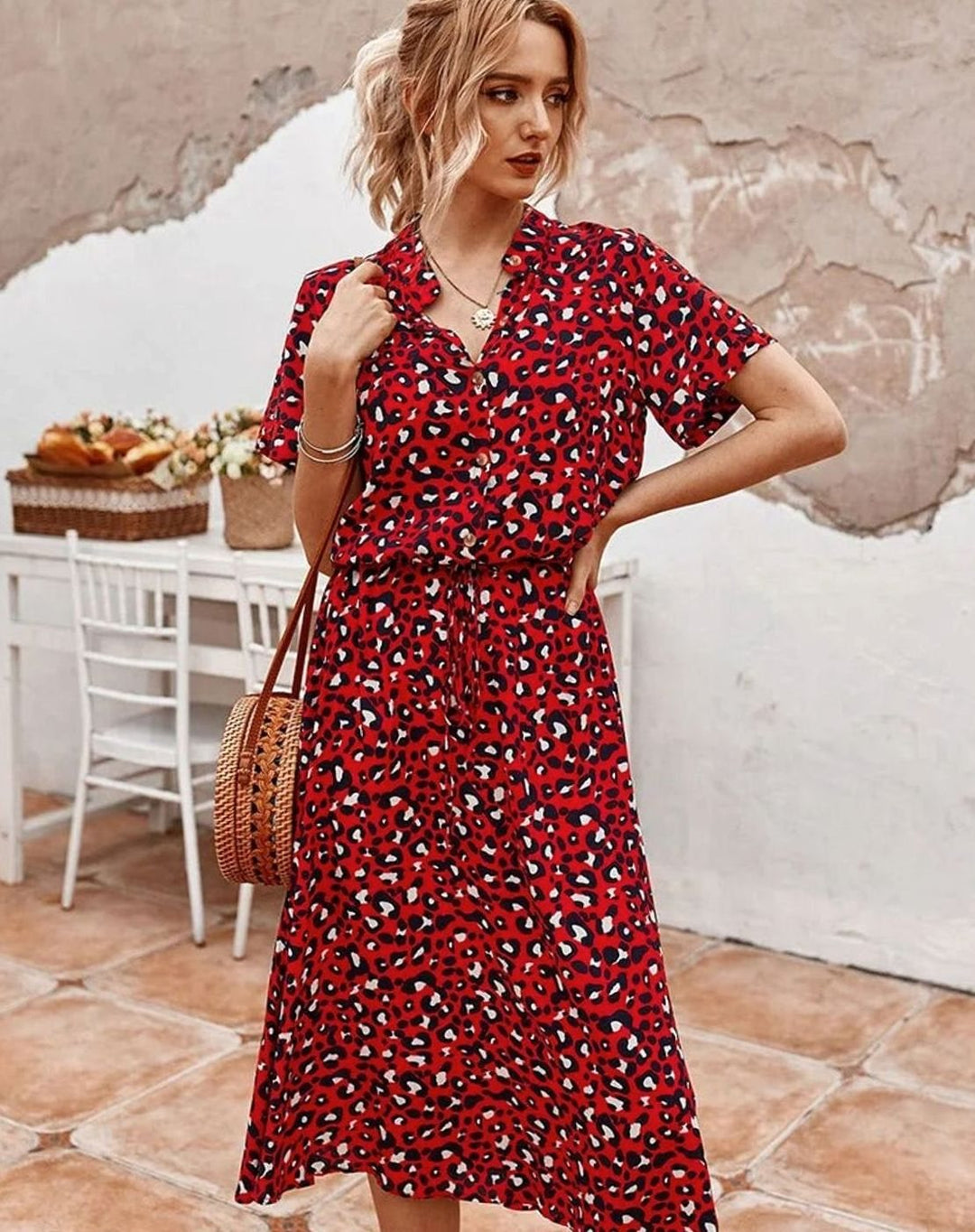 Dames Midi Jurk Stippenprint Verstelbare Taille Korte Mouw - Rood