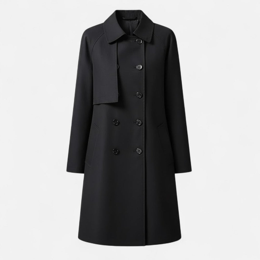 Dames Midi Wollen Trench Coat Dubbelrijige Knopen - Zwart
