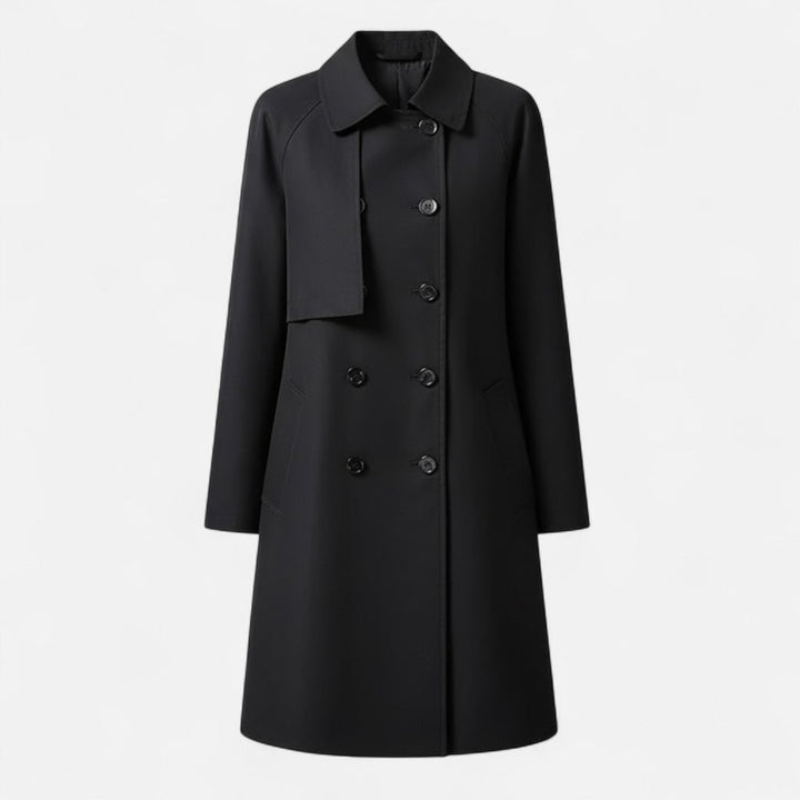 Dames Midi Wollen Trench Coat Dubbelrijige Knopen - Zwart
