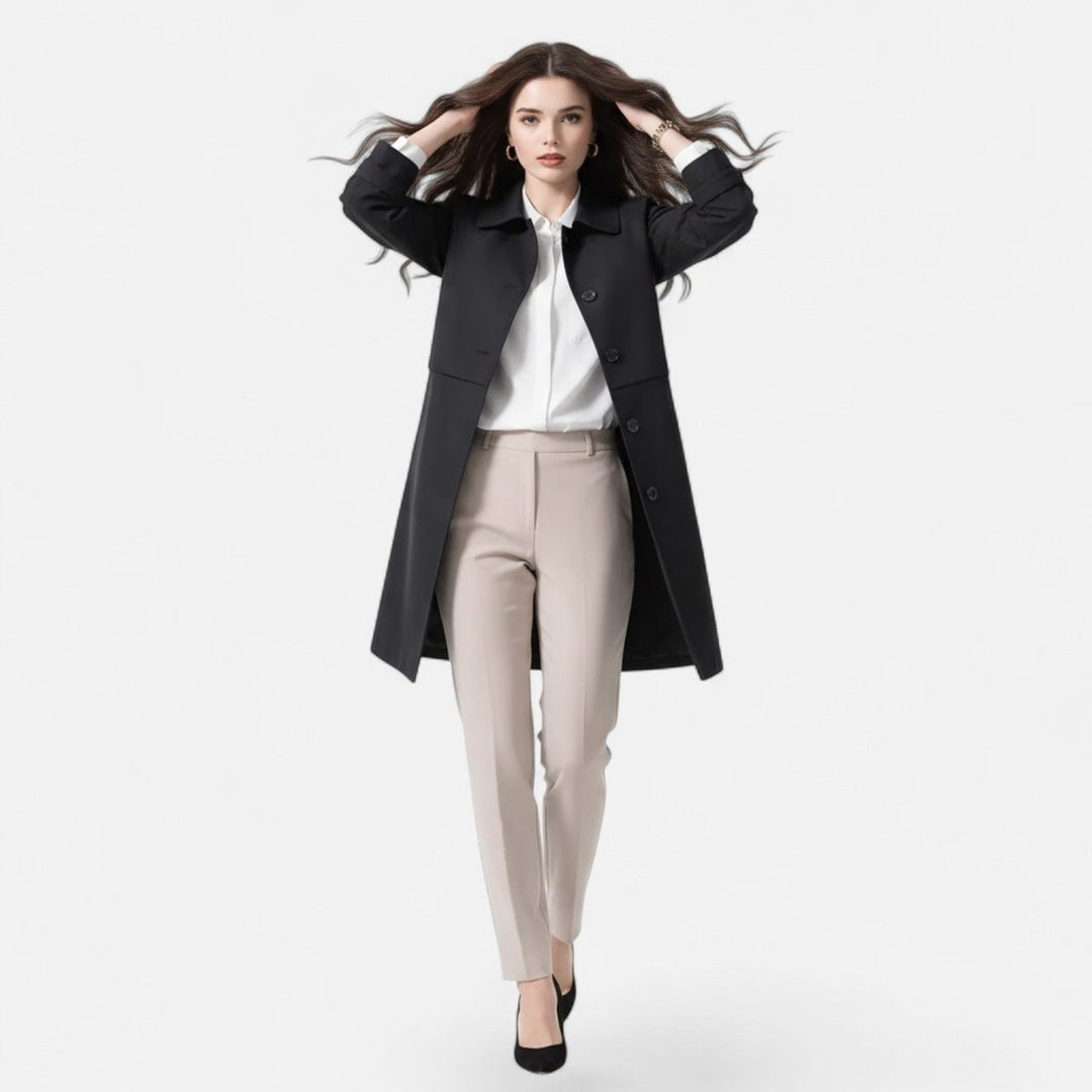 Dames Midi Wollen Trench Coat Dubbelrijige Knopen