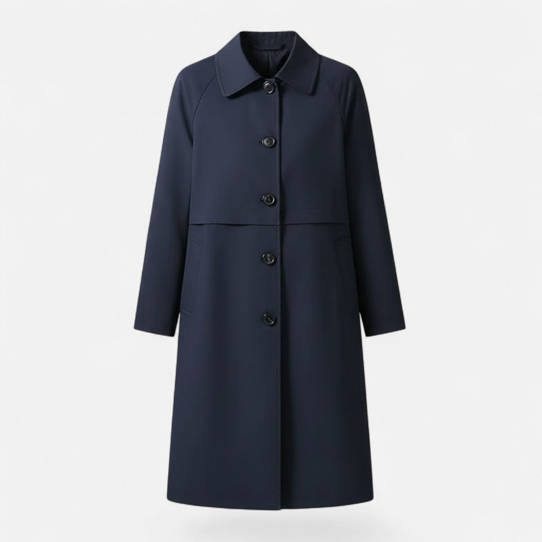 Dames Midi Wollen Trench Coat Dubbelrijige Knopen - Marineblauw