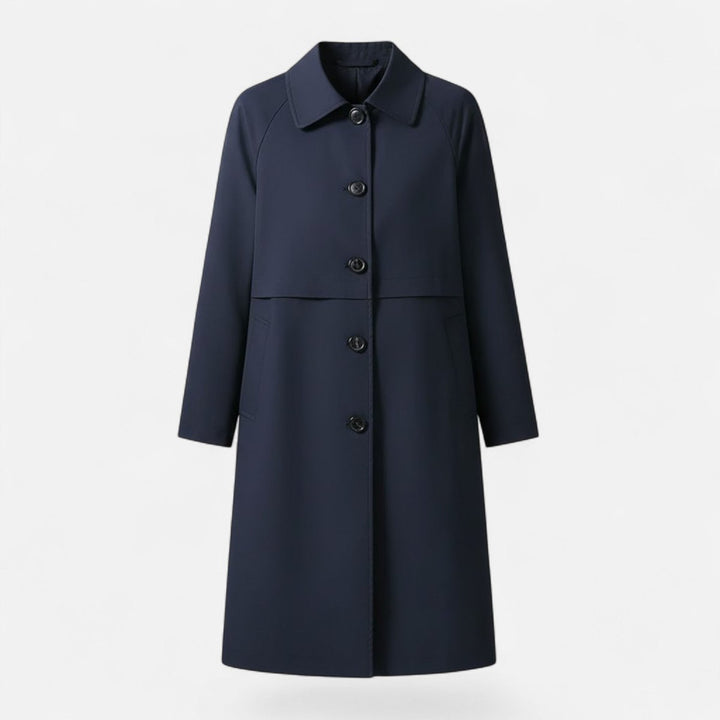 Dames Midi Wollen Trench Coat Dubbelrijige Knopen - Marineblauw