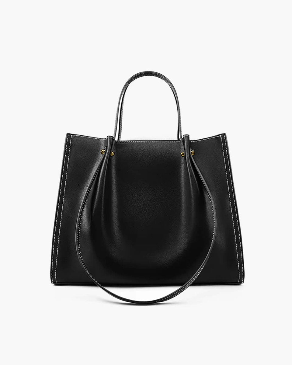 Dames Minimalistische Veganleren Tote Bag Contraststiksels - Black