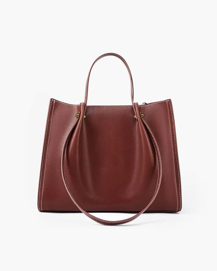 Dames Minimalistische Veganleren Tote Bag Contraststiksels - Brown