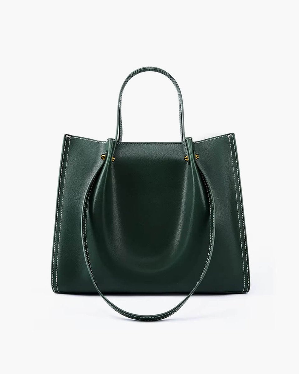 Dames Minimalistische Veganleren Tote Bag Contraststiksels - Green