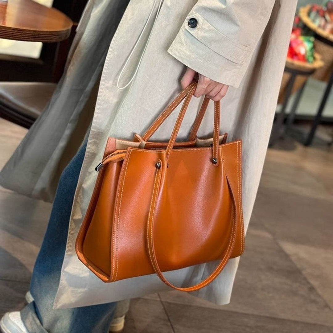 Dames Minimalistische Veganleren Tote Bag Contraststiksels - Sunset Yellow