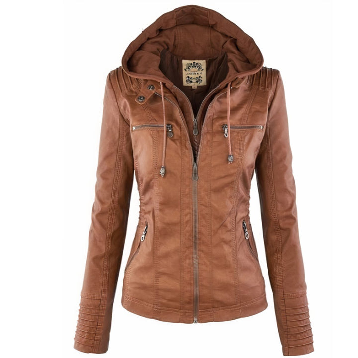 Dames Motorstijl Afneembare Capuchon PU Leather Jacket - Bruin