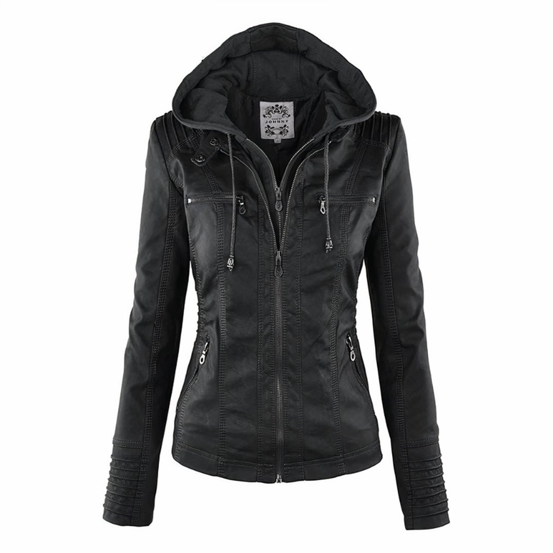 Dames Motorstijl Afneembare Capuchon PU Leather Jacket - Zwart