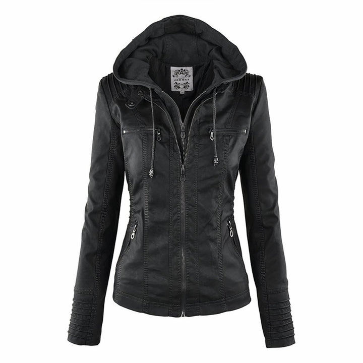 Dames Motorstijl Afneembare Capuchon PU Leather Jacket - Zwart