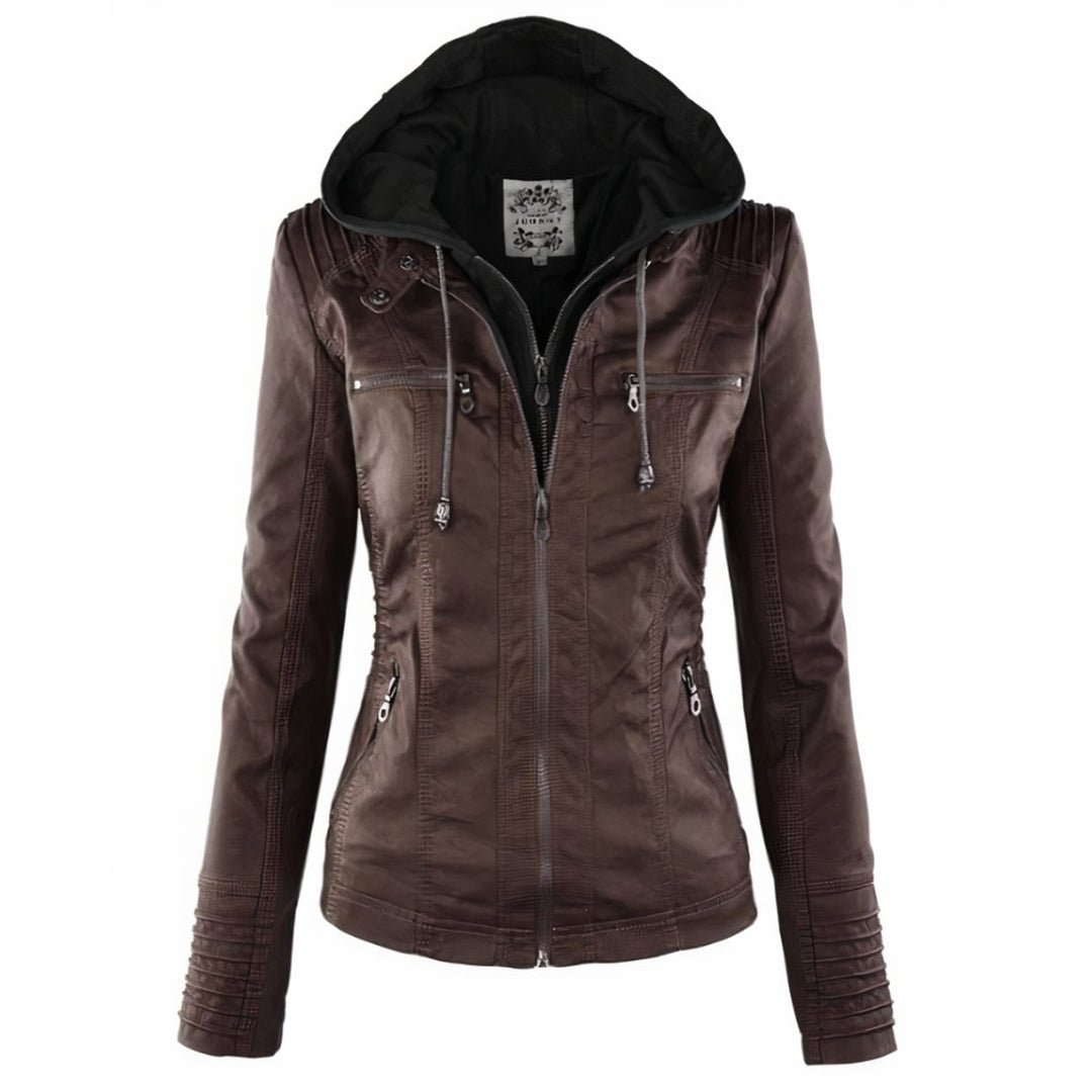 Dames Motorstijl Afneembare Capuchon PU Leather Jacket - Donkerbruin