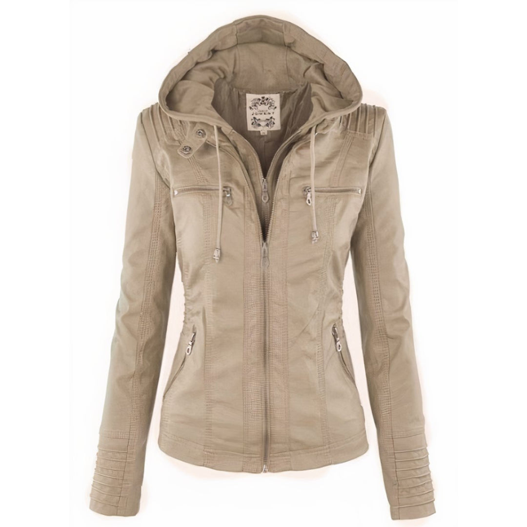 Dames Motorstijl Afneembare Capuchon PU Leather Jacket - Beige
