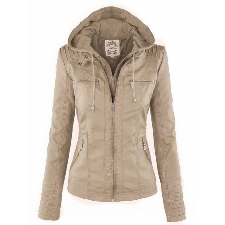 Dames Motorstijl Afneembare Capuchon PU Leather Jacket - Beige