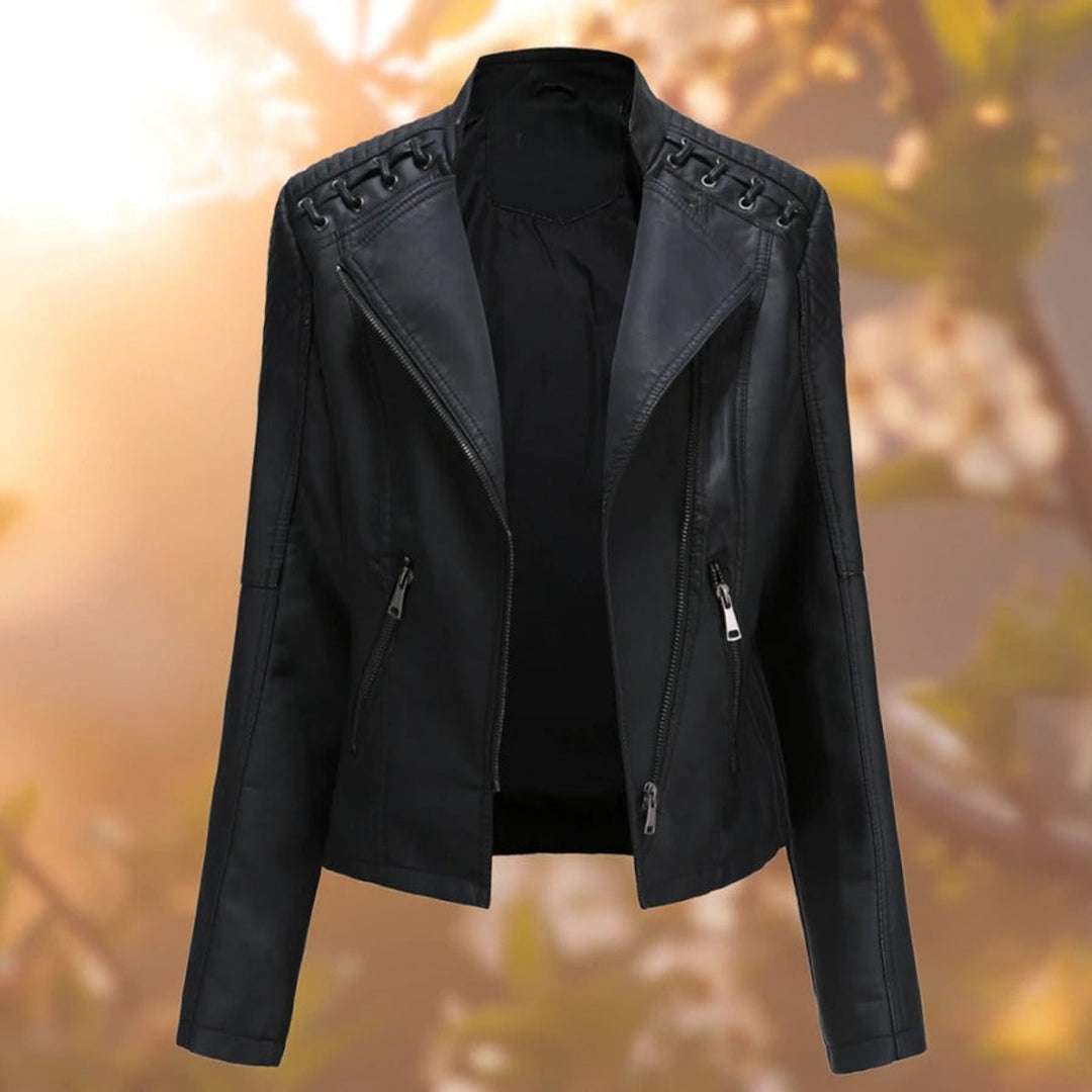 Dames Motorstijl Rits Leren Jas met Vlechtdetail