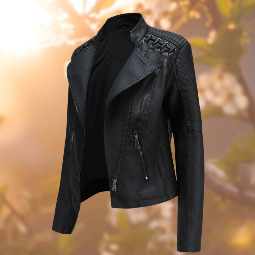 Dames Motorstijl Rits Leren Jas met Vlechtdetail - Zwart