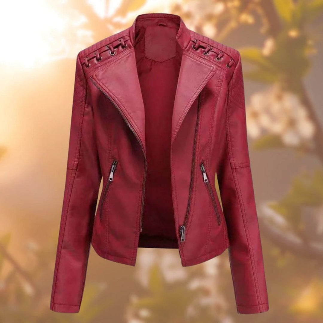 Dames Motorstijl Rits Leren Jas met Vlechtdetail - Donkerrood