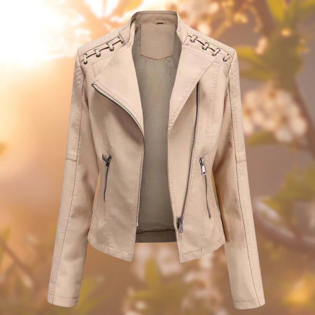 Dames Motorstijl Rits Leren Jas met Vlechtdetail - Khaki