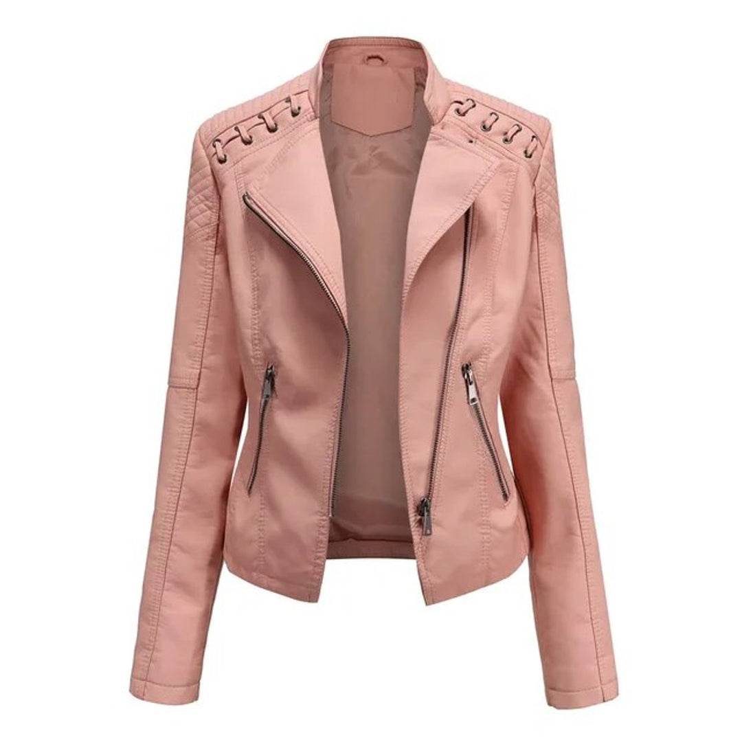 Dames Motorstijl Rits Leren Jas met Vlechtdetail - Roze