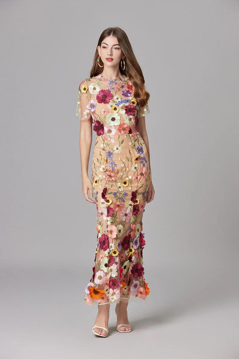 Dames Mouwloze 3D Bloemen Appliqué Doorzichtige Maxi Jurk