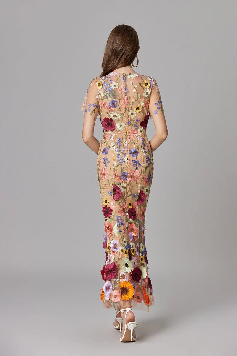 Dames Mouwloze 3D Bloemen Appliqué Doorzichtige Maxi Jurk