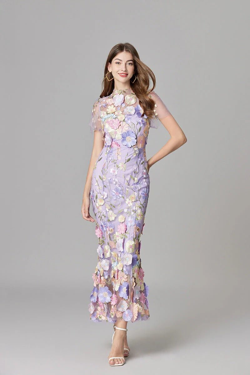 Dames Mouwloze 3D Bloemen Appliqué Doorzichtige Maxi Jurk