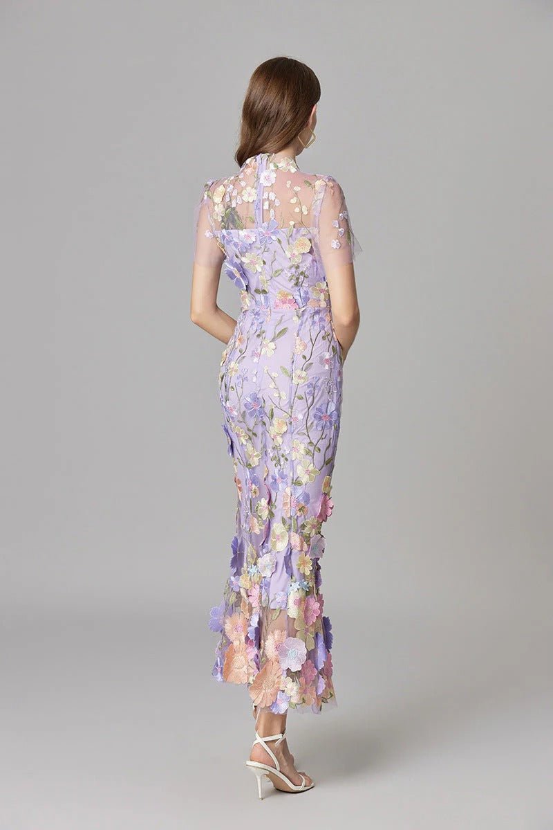Dames Mouwloze 3D Bloemen Appliqué Doorzichtige Maxi Jurk