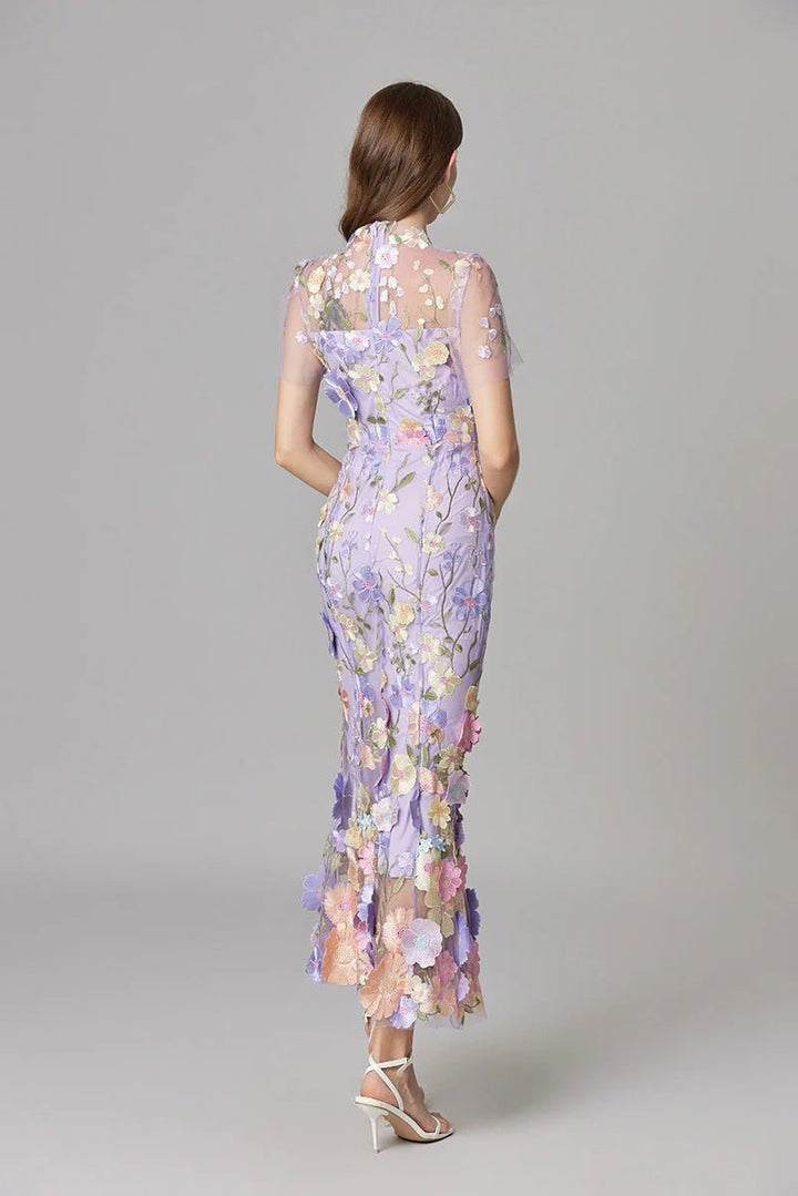 Dames Mouwloze 3D Bloemen Appliqué Doorzichtige Maxi Jurk