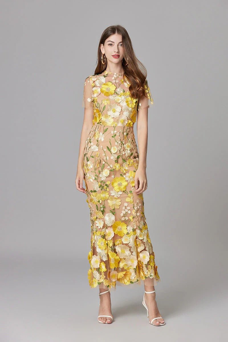 Dames Mouwloze 3D Bloemen Appliqué Doorzichtige Maxi Jurk