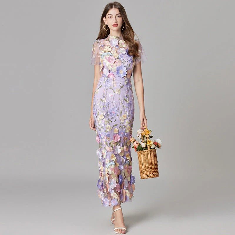 Dames Mouwloze 3D Bloemen Appliqué Doorzichtige Maxi Jurk - Purple