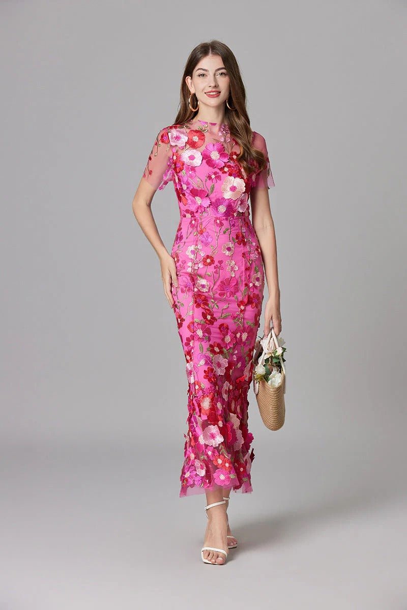 Dames Mouwloze 3D Bloemen Appliqué Doorzichtige Maxi Jurk