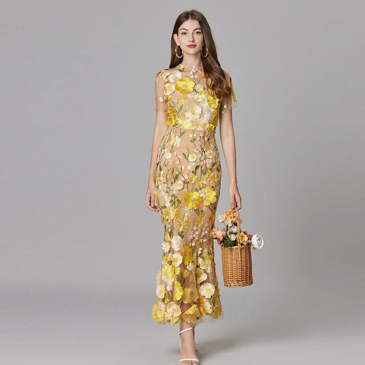 Dames Mouwloze 3D Bloemen Mesh Maxi Jurk - Yellow