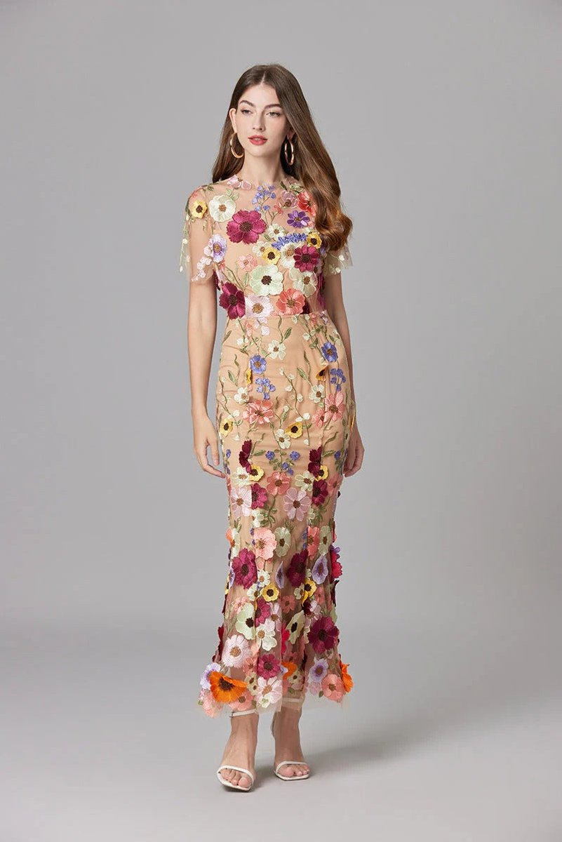 Dames Mouwloze 3D Bloemen Mesh Maxi Jurk
