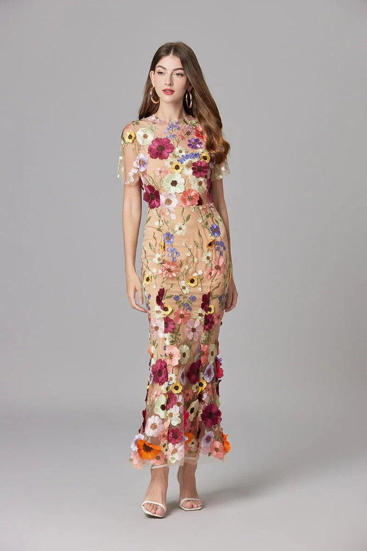 Dames Mouwloze 3D Bloemen Mesh Maxi Jurk