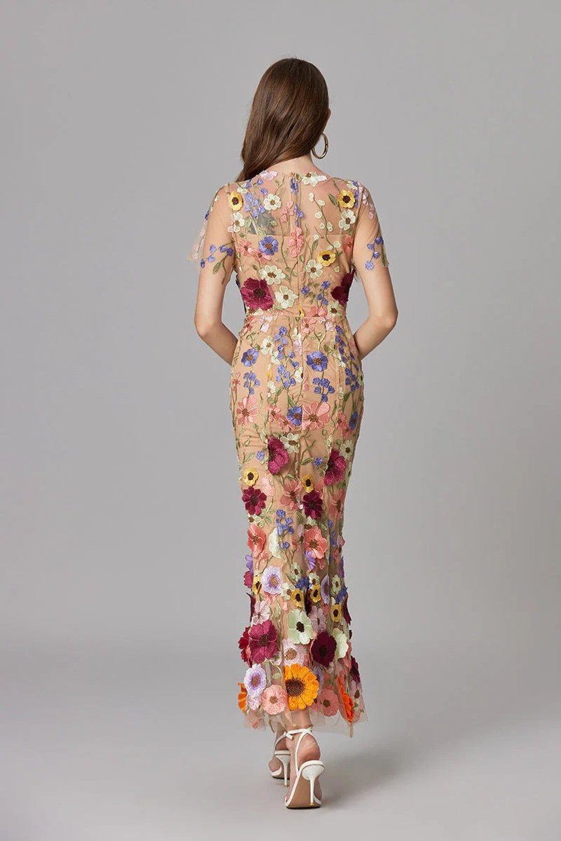 Dames Mouwloze 3D Bloemen Mesh Maxi Jurk